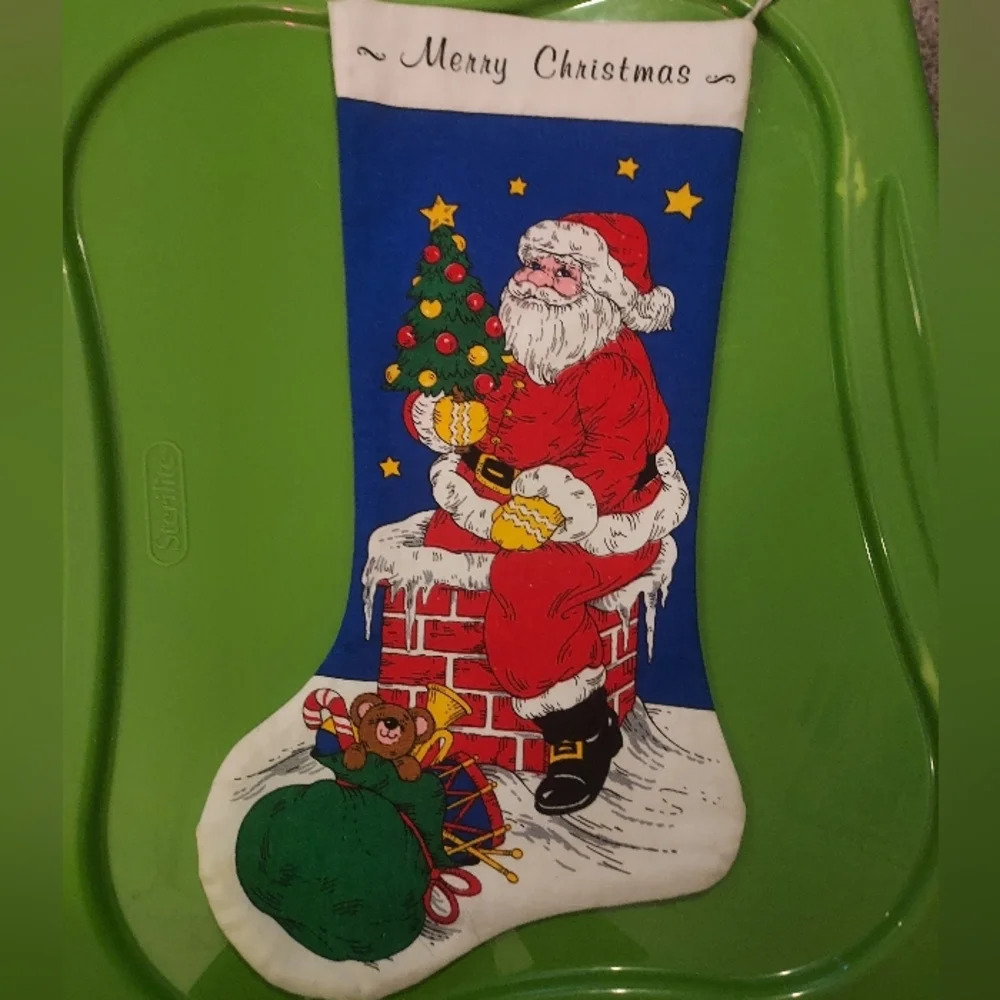 Vintage Cut and Sew Christmas Stocking Featuring Santa Holding Christmas Tree